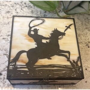 Vintage Western Slag Glass Trinket Jewelry Box Metal Overlay Buckaroo Motif